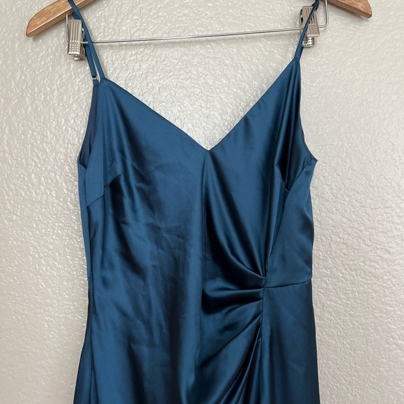 Delightful Allure Dark Blue Satin Pleated Backless Maxi Dress - Picture 4 of 8